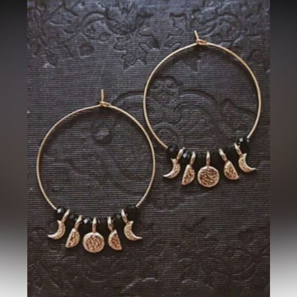 Gold and Black Hoop Earrings with Moon Charms A1522 - Picture 2 of 3